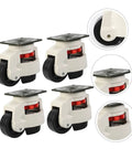 Shop Ready Heavy Duty Swivel Casters Pack Of Four Adjustable Leveling Plates High Grade Nylon Rolling Wheels Bolt On Mobile Base Rig Built Tough To Roll Slick Over Rough Surfaces Everyday - Front and side views of four swivel casters with steel plates and nylon wheels.