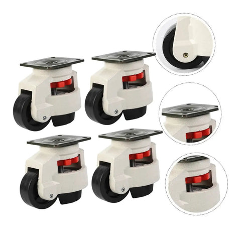 Shop Ready Heavy Duty Swivel Casters Pack Of Four Adjustable Leveling Plates High Grade Nylon Rolling Wheels Bolt On Mobile Base Rig Built Tough To Roll Slick Over Rough Surfaces Everyday - Front and side views of four swivel casters with steel plates and nylon wheels.