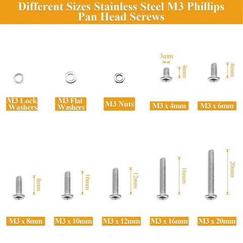 Different sizes of Premium 565 Piece M3 Phillips Pan Head Machine Screws Hex Nuts Assortment Kit With Split And Flat Washers Fully Threaded 304 Stainless Steel.