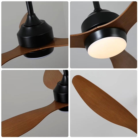 Modern 52 Inch Reversible Ceiling Fan with LED Light, 3 Walnut ABS Blades Quiet DC Motor Ceiling Fan close-up view of motor and blades.