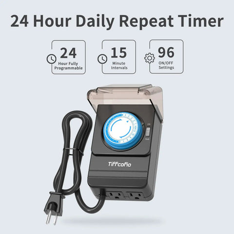 Built Different Heavy Duty Mechanical Timer Outlet Featuring Easy Pin Sliders for daily time management with 96 settings and power cord.