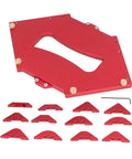 Rock Solid Router Table Corner Jig With Rugged Aluminum Radius Template Set includes red jig and twelve radius discs for DIY woodworkers.
