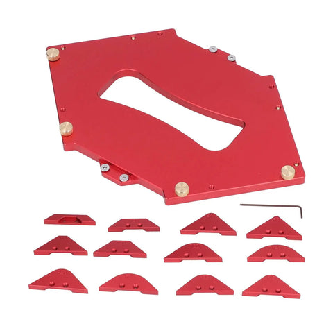 Rock Solid Router Table Corner Jig With Rugged Aluminum Radius Template Set includes red jig and twelve radius discs for DIY woodworkers.