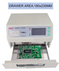 800W Reflow Oven And T962 Reflow Soldering Station, hot air circulation, open drawer showing PCB, microcomputer control display