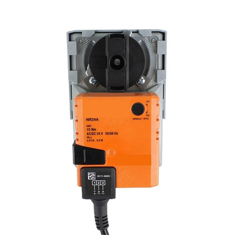 Top Shelf 10 Nm Rotary Actuator For Ventilation Ducts With Sick Valve Adjustment Manual Override Plug And Play 24 Volt AC DC Motor, front view.