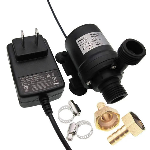 Smooth Operator DC 12V Solar Hot Water Circulation Pump, Brushless Low Noise Design, ETL Listed Power Adapter with brass fittings.