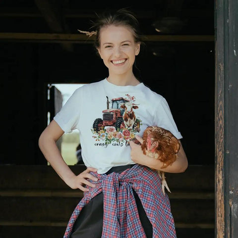 Woman wearing Farm Animal Iron On Transfers Set For T Shirts And Hoodies Cows Pigs Chickens With Barnyard Motifs Like Tractor And Windmill