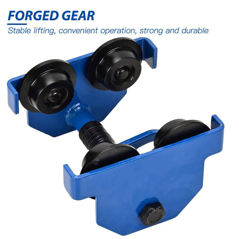 Blue Beefy Heavy Duty 2200 Lbs Manual Push Beam Trolley For I Beam Track Adjustable 3 To 6 Inch Width with black wheels