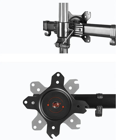 Straight Fire Universal Six Monitor Desk Mount With Full Motion Articulation Arms For 15 To 27 Inch Displays heavy duty steel Vesa bracket detail with 360° rotation.