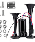 Straight Fire 12V Dual Trumpet Air Horn Kit with compressor, black ABS housing, mounting hardware, designed for trucks and boats.