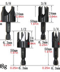 Top Shelf 8 Piece Carbon Steel Wood Plug Cutter Drill Bit Set With Tapered And Straight Heads Quick Swap 1/4 Inch Hex Shank, four drill bits and measurements.