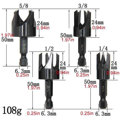 Top Shelf 8 Piece Carbon Steel Wood Plug Cutter Drill Bit Set With Tapered And Straight Heads Quick Swap 1/4 Inch Hex Shank, four drill bits and measurements.