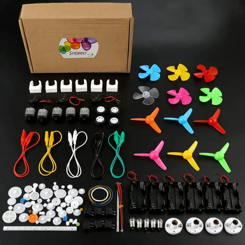 Kids DIY DC Motor Kit With 131 Pieces And 66 Gears Six Pack Bundle 1.5 To 3 Volt Mini Motors Up To 15000 RPM Includes Propeller Bulbs Buzzer Sounder And More For Hands On STEM Engineering Projects displayed with colorful components