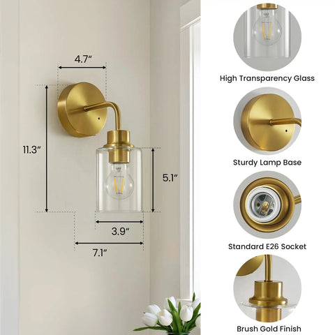 Battery Operated Wall Sconce Set Of Two With Remote Dimmable Wireless Cordless Gold Wall Lights 3000K Warm White Modern Lamps For Bathroom Bedroom Living Room No Wiring Needed showing dimensions and design features