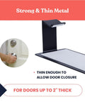 Top Shelf Over The Door Lock Box Bracket Featuring No Drill Install Perfect For AirBnB Hosts And Emergency Key Access With Slick Black Finish, showing strong thin metal design for doors up to 2" thick.