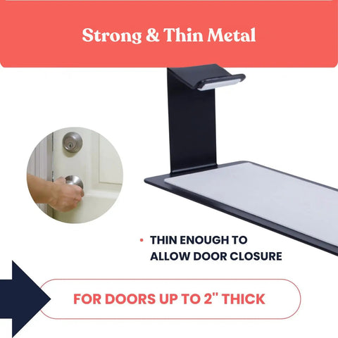 Top Shelf Over The Door Lock Box Bracket Featuring No Drill Install Perfect For AirBnB Hosts And Emergency Key Access With Slick Black Finish, showing strong thin metal design for doors up to 2" thick.