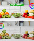 Comparison of fruit and salad under High CRI 90+ and 80 CRI lighting, showing enhanced color accuracy and vibrancy with Dope RGBW COB LED