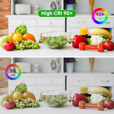 Comparison of fruit and salad under High CRI 90+ and 80 CRI lighting, showing enhanced color accuracy and vibrancy with Dope RGBW COB LED