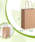 Small Brown Kraft Paper Bags With Handles 100 Pack 5.25 By 3.25 By 8 Inch Bulk Gift Bags for crafts shown with dimensions.
