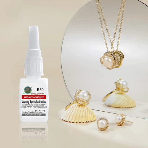Rock Solid Jewelry Glue For Crystals And Rhinestones Instant Bond Adhesive with pearls, rings, necklace display