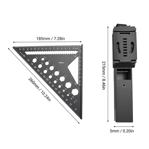 7 Inch Carpenter Square Set With 5 Meter Steel Tape And Belt Loop Aluminum Alloy Rafter Square with measurements.