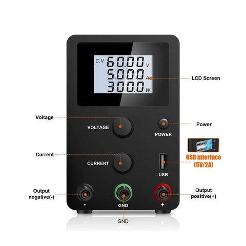 Front view of Lab Bench Power Supply 30V 10A 300W Workhorse with 4 Digit LED Display, dual knob control, and USB 5V 2A port.