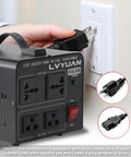 Go-To 1000W Step Up Down Voltage Transformer plugged into a wall outlet, showing 2 US outlets and 2 universal outlets, resettable breaker