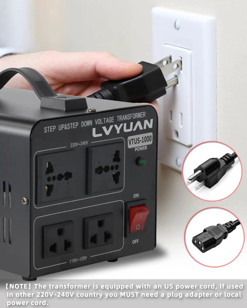 Go-To 1000W Step Up Down Voltage Transformer plugged into a wall outlet, showing 2 US outlets and 2 universal outlets, resettable breaker