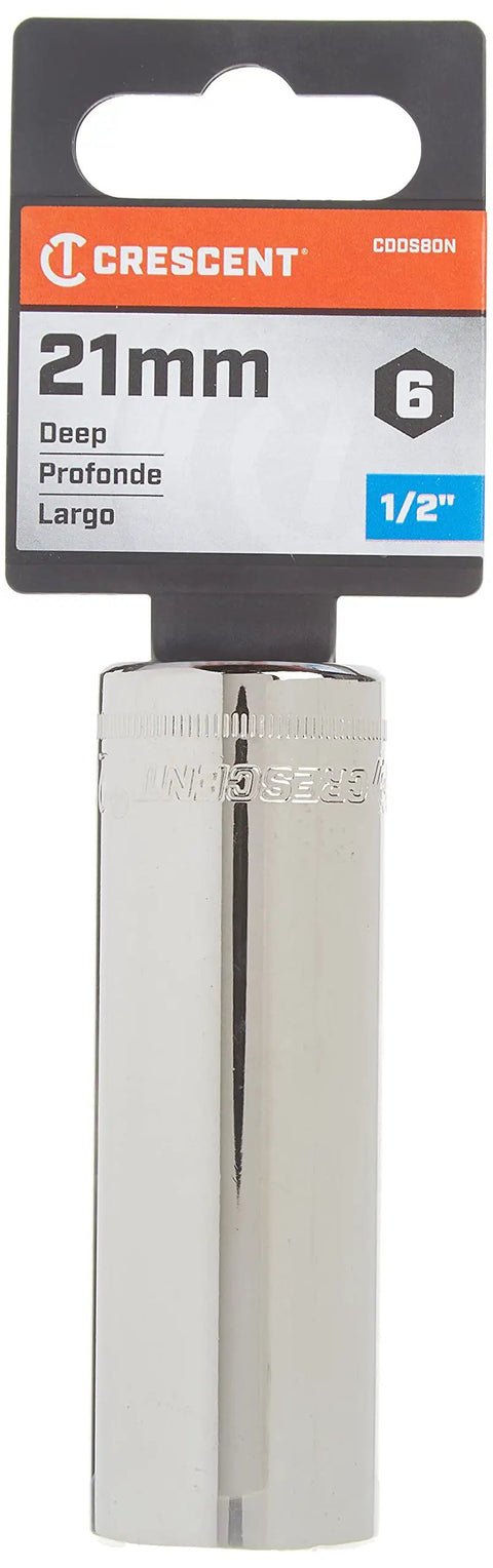 Half Inch Drive 6 Point Deep Metric Socket 21mm Premium Chrome Vanadium Steel With Nickel Chrome Finish Mirror Polish