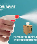 Heavy Duty All Purpose Cleaning Wipes 252 Count Center Pull Sheets Value Box next to hand spraying liquid.