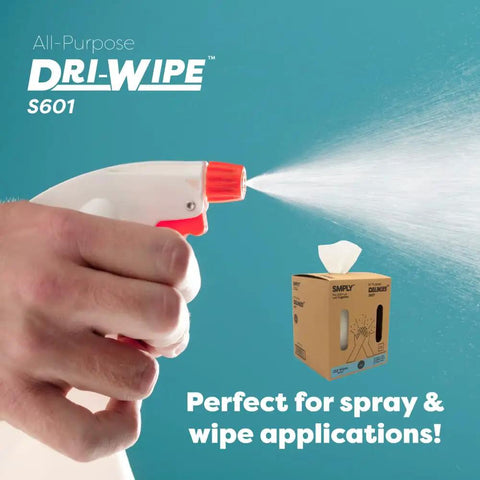 Heavy Duty All Purpose Cleaning Wipes 252 Count Center Pull Sheets Value Box next to hand spraying liquid.