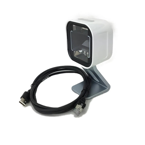 Omnidirectional Presentation Barcode Scanner Kit 1D 2D Wired DPM IP52 White with USB Cable and Presentation Cradle shown