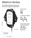 Dual 40 Amp EV Charger With 9.6kW Output, 240V, J1772 Connectors, Hardwired, includes user manual and connectors.