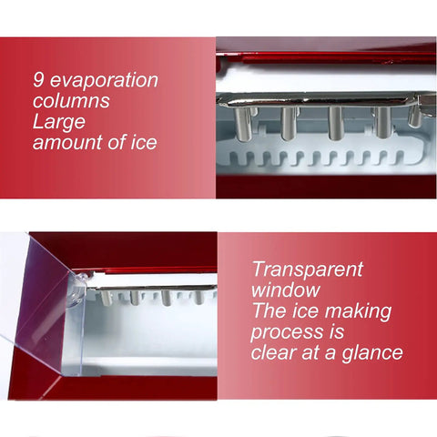 Straight Up Automatic Ice Maker With Smart Water Top Off And No Hassle Fetch Design For Home Bars And Boutique Stores Featuring Clear Preview Panel And Solid Abs Build For Snappy Serve Times showing 9 evaporation columns and transparent window.