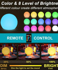 16 RGB color options for 8 Inch Solar Globe Light Outdoor Waterproof With Remote Control glowing on tables with brightness levels.
