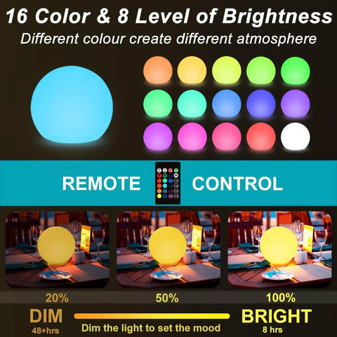 16 RGB color options for 8 Inch Solar Globe Light Outdoor Waterproof With Remote Control glowing on tables with brightness levels.