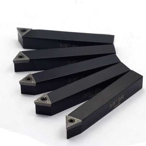 Five piece set of Three Eighths Inch Mini Indexable Lathe Turning Tool Holder Set with AL AR BL BR E holders on white background