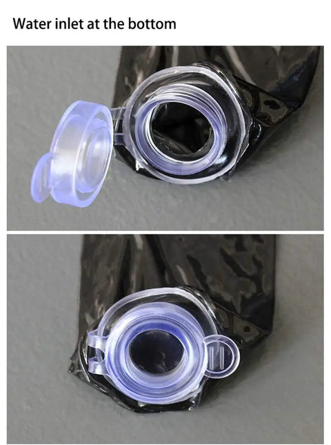 Close-up of a clear water inlet on a black surface for a 10 foot patio mosquito netting umbrella cover with zipper windproof screen.