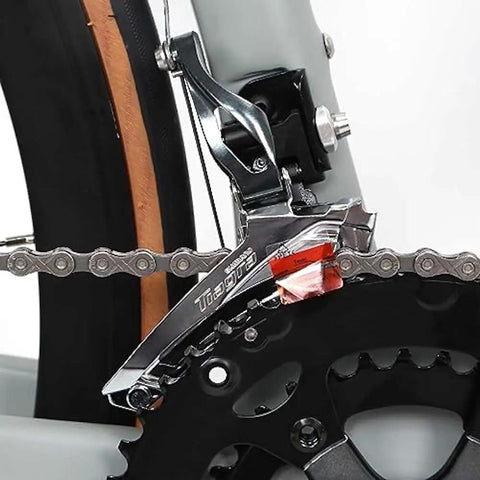 Close-up of Tiagra 20-speed drivetrain on Toray T800 Carbon Frame Road Bike Model H, showcasing chainring and derailleur details.