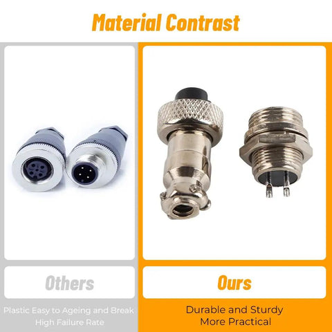 Comparison of plastic and metal aviation connectors, featuring 10 Piece 2 Pin Aviation Connector Kit With 12mm Threaded Male And Female Sockets.