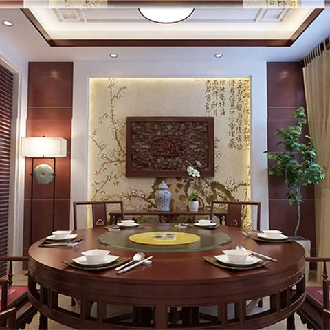 Dining room with Clear Tempered Glass 360 Degree Rotating Turntable Serving Tray on large wooden table, elegant setting