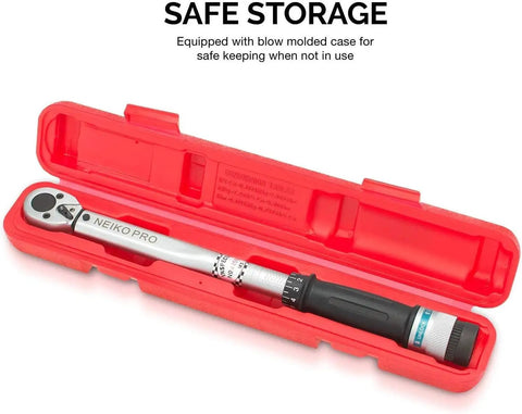 Beefy 3/8 Drive Adjustable Click Torque Wrench 15 To 80 Ft-Lb Range, 14 Inch in red storage case, Cr-V steel construction