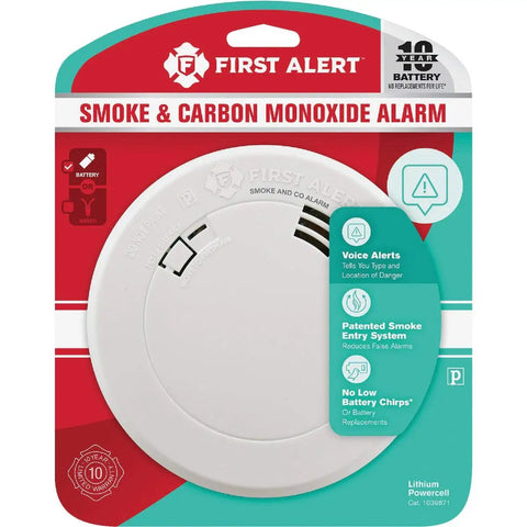 Talking Smoke And Carbon Monoxide Alarm With Built In 10 Year Battery White Color UL Listed Easy Install Voice Alerts For Safer Home Rigorously Tested And Trusted For Fast Job Site Turnarounds PRC710 packaging