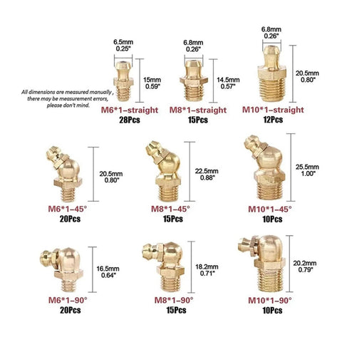 Grease Nipple Kit 290-Piece Metric Brass Hydraulic Fittings Assortment With Straight 90 Degree And 45 Degree Zerk Angles