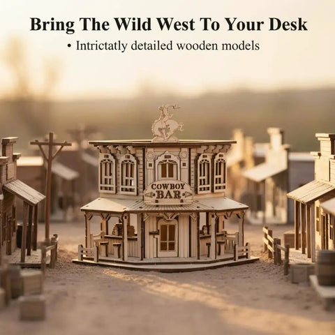 Wild West 3D Wooden Puzzle Kit For Adults And Teens, Miniature Cowboy Saloon Building Set, Desktop Architecture Model, Hands-On Wood Craft Project, Creative Gift For Woodworking Hobbyists And Collectors; wooden cowboy bar model