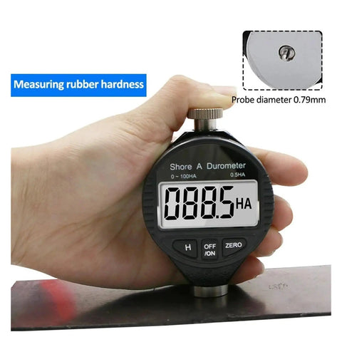Digital Shore Hardness Durometer And Tester Meter For Rubber Leather Plastic Acrylic Portable Handheld Gauge Dead Nuts Accurate Pocket Powered Measurement Tool Black Edition measuring rubber hardness with clear LCD display.