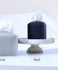 Tissue Box Cover Holder With Bottom Velcro Belt, Square PU Leather Decorative Organizer in beige, black, and pastel gray on display.