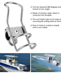 Stainless steel marine-grade boat fishing rod rack with 360° adjustable lockable bracket for 32mm rails; two boats shown
