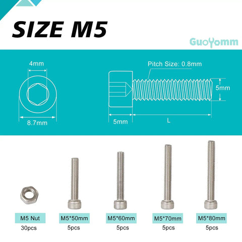 Size M5 screw specifications with 50-piece overview including nuts and varying lengths, focusing on Built Tough 50 Piece M5 Screw Kit Featuring Drop Dead Rugged 304 Stainless Steel Fully Threaded Hex Socket Head Cap Screws With Snug Metric Allen Nuts For Hard Day Grind.