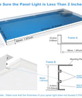 2x4 LED Flat Panel Surface Mount Kit with aluminum white frame showing detailed dimensions for ceiling install